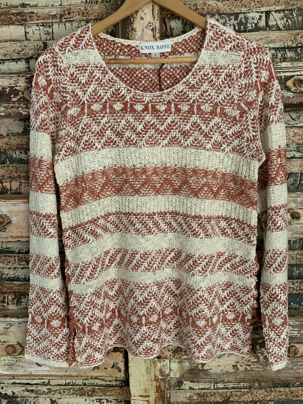 NWT Knox Rose Soft Rust Cream Patterned Knit Sweater Top Lace Up Sides, Boho, S